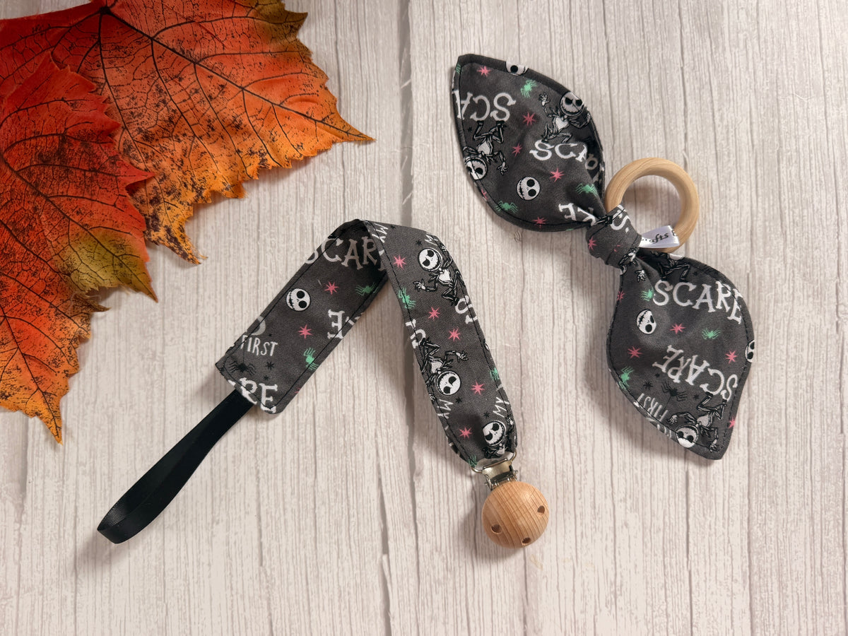 Cotton & Terry Towelling Dummy clip & teething rattle - My First Scare