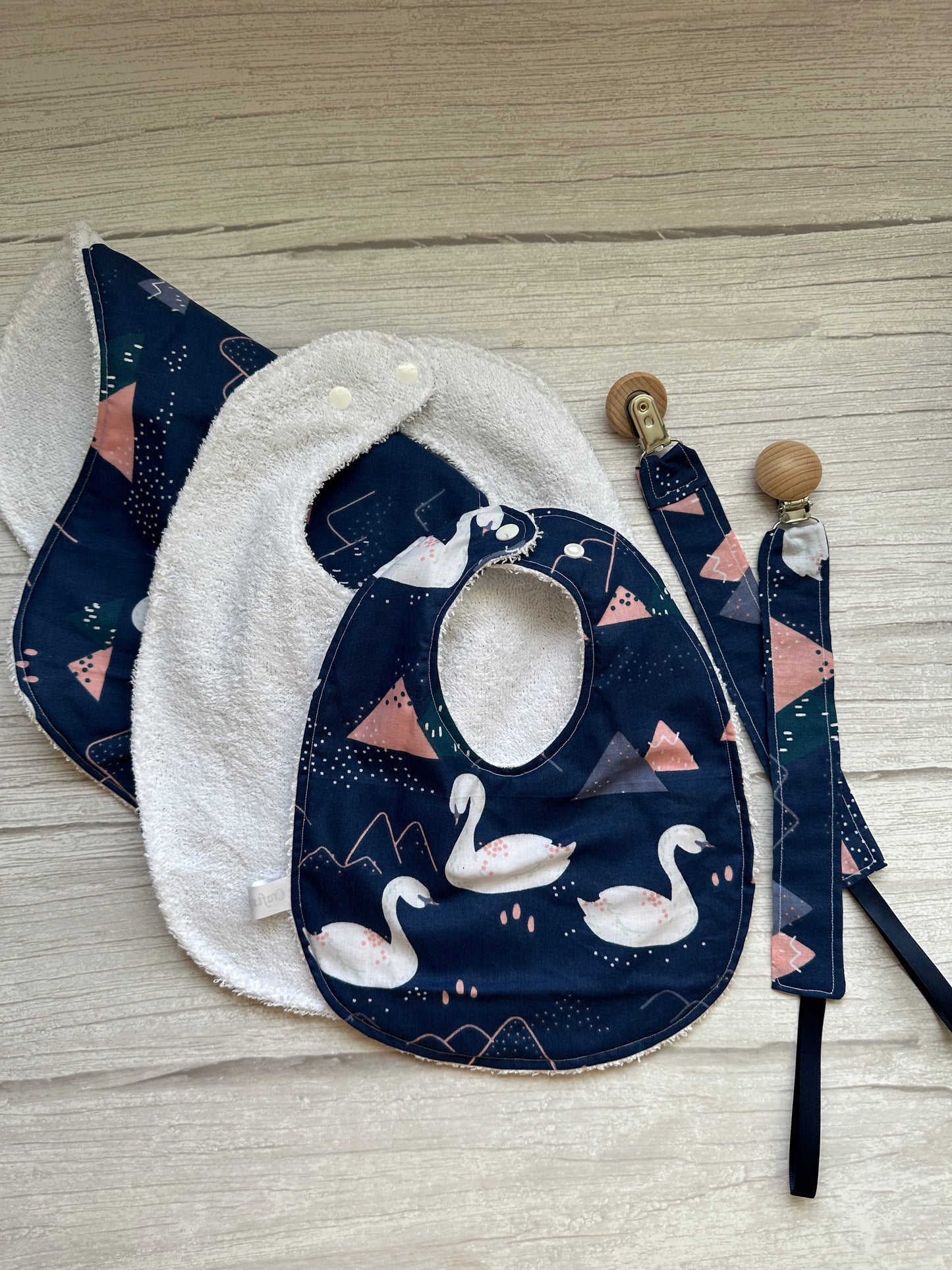 Cotton & Terry Towelling Baby Sets - Navy Swans