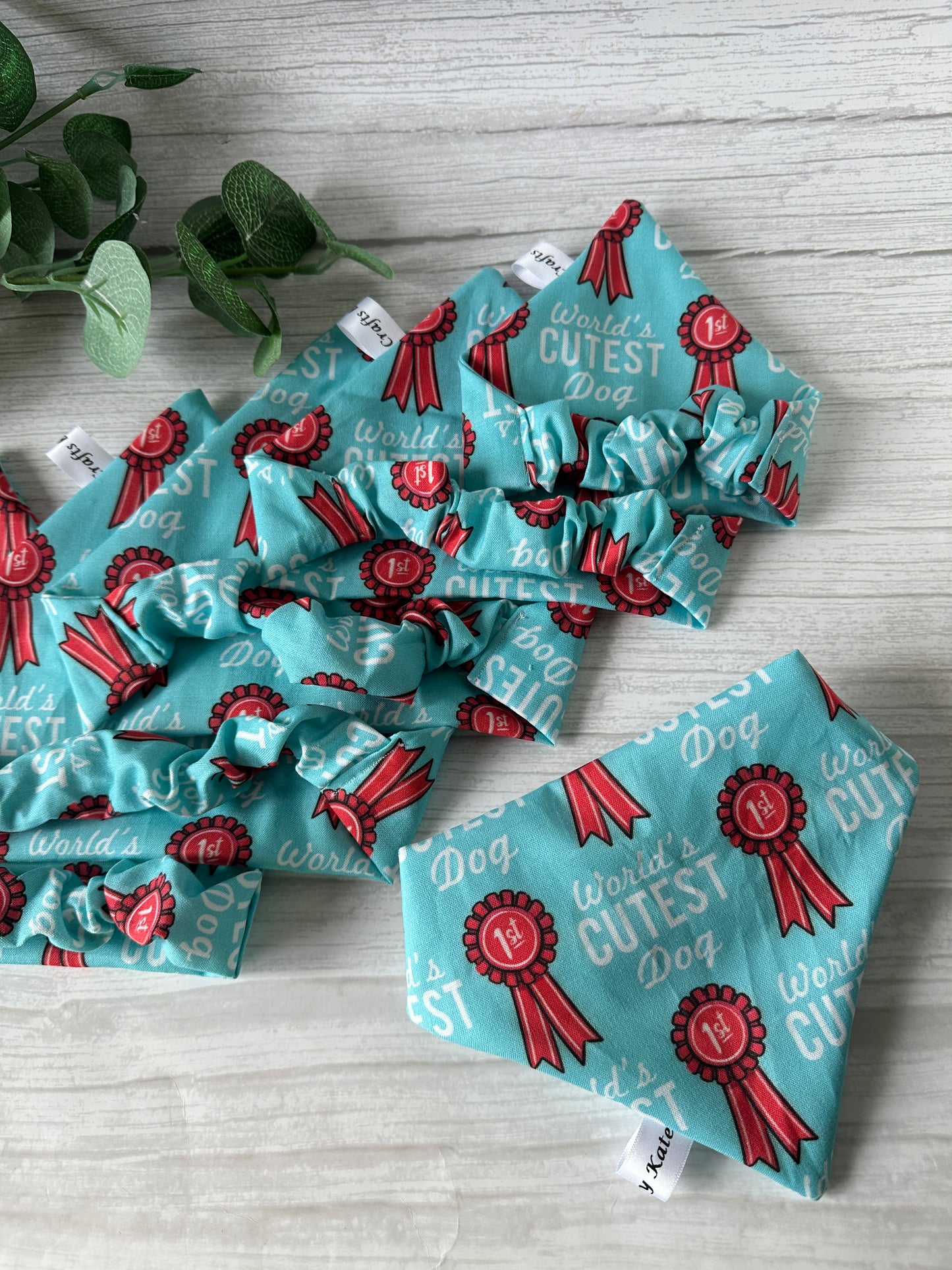Five teal Crafts by Kate Cotton Pet Scrunchie Bandana accessories, each with red award ribbons and "World’s Cutest Dog" text, are displayed on light wood. A green plant appears in the upper left corner.