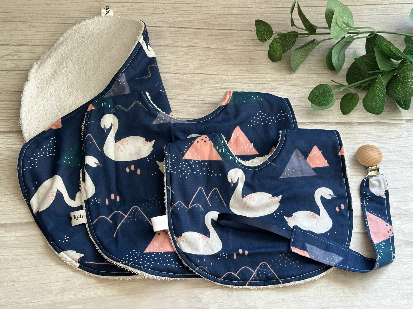 Cotton & Terry Towelling Baby Sets - Navy Swans