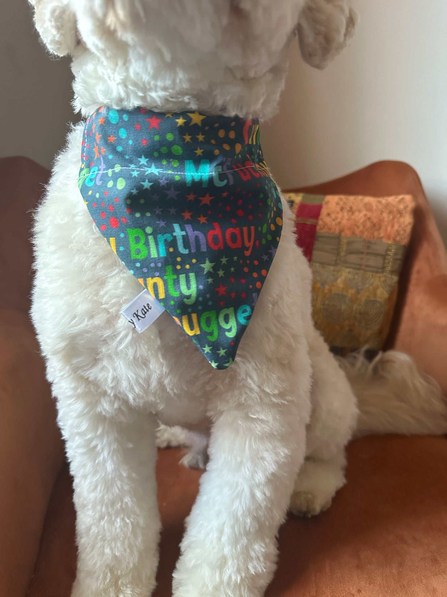 A fluffy white dog sits on an orange chair, proudly wearing a handcrafted cotton pet bandana from Crafts by Kate, featuring stars and words like "Birthday," "cuddles," and "snuggles." The vibrant fabric reads "Happy Birthday C Mcnugget.