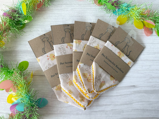 The "Chicks Dig Me" Cotton Pet Scrunchie Bandanas by Crafts by Kate are charmingly displayed on a light wooden surface with colorful artificial flowers and attached to brown cardboard packaging, perfect for celebrating any pup's barkday in style.