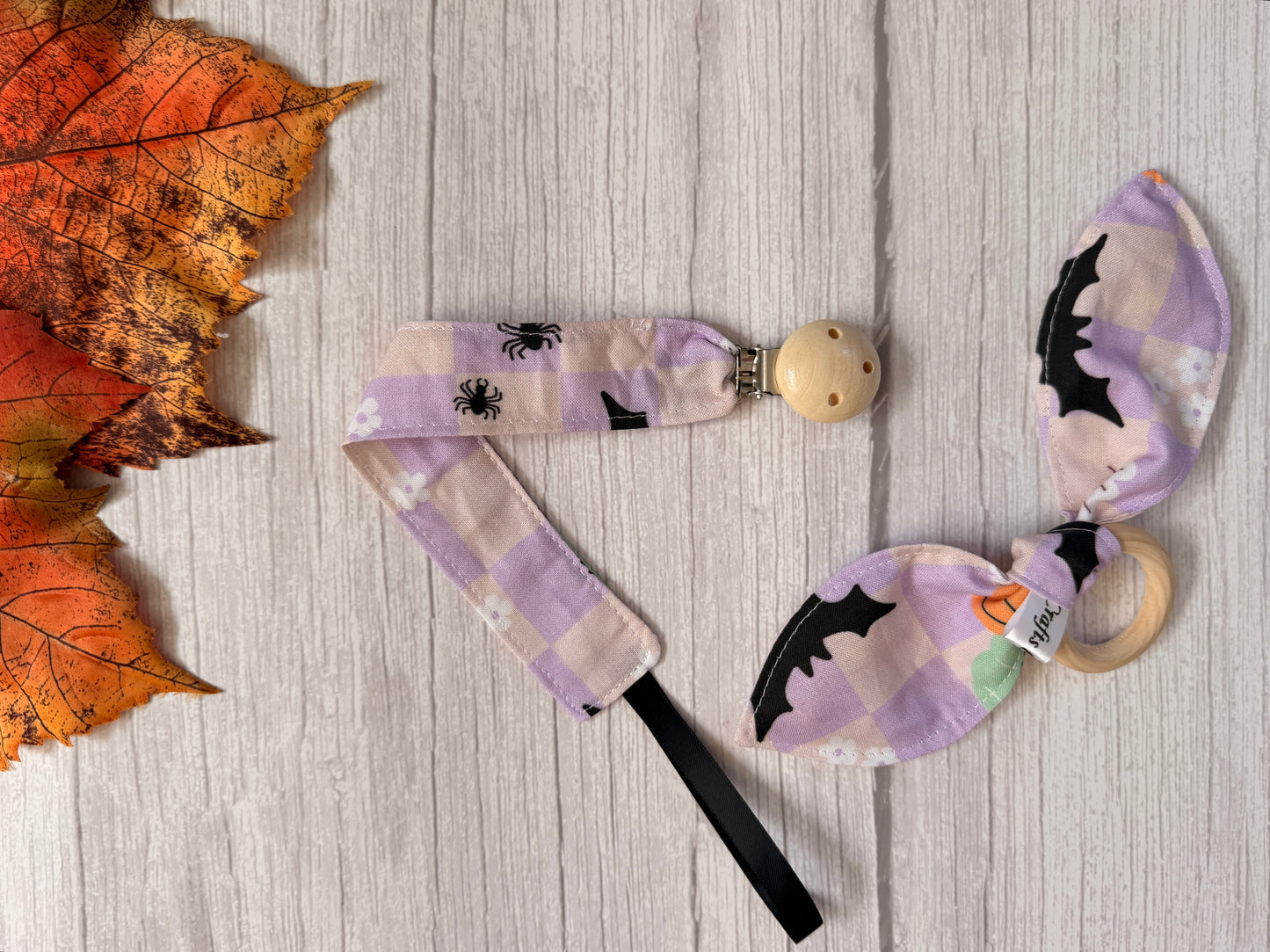 Cotton & Terry Towelling Dummy Clip & Teething Rattle - Halloween Picnic