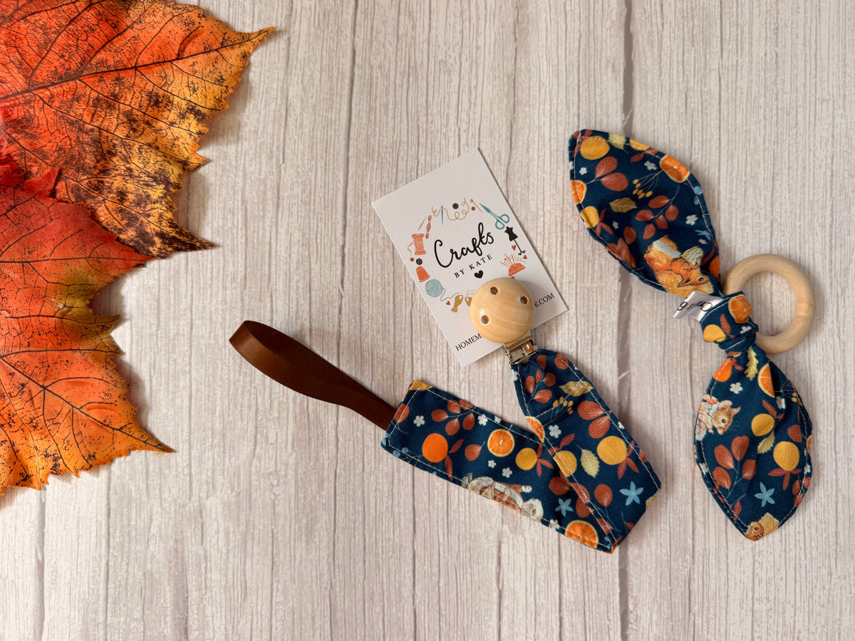 Cotton & Terry Towelling Dummy Clip & Teething Rattle - Autumn Peter Rabbit & friends