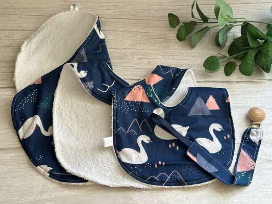 Cotton & Terry Towelling Baby Sets - Navy Swans
