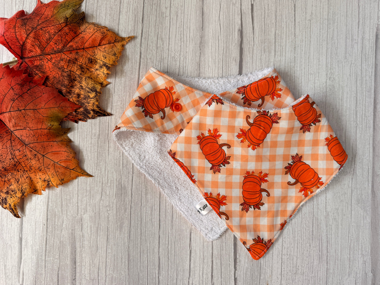 Cotton & Terry Towelling Baby Bibs - Pumpkin Gingham