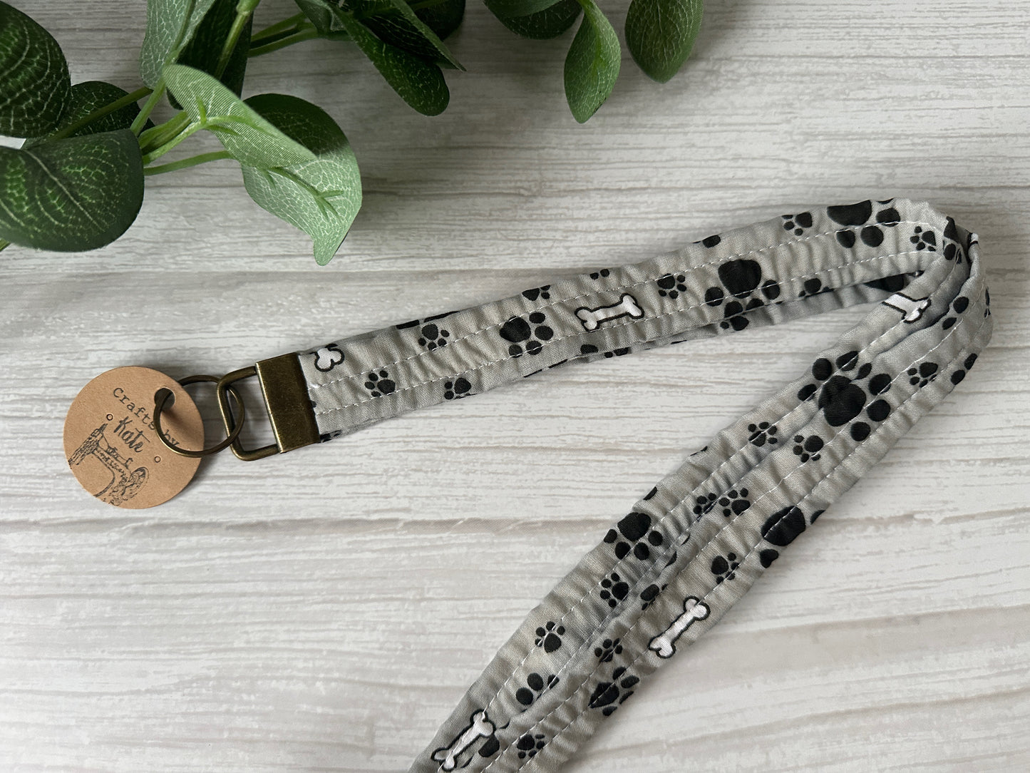 Cotton Lanyard with Metal Fob Keychain - Grey Pawprints