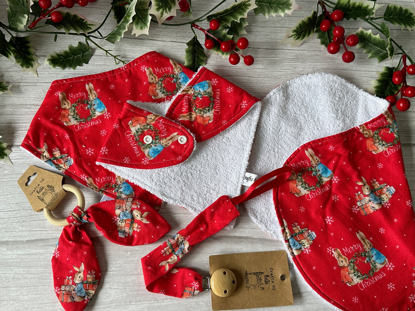 Cotton & Terry Towelling Baby Sets - Red Christmas Peter Rabbit