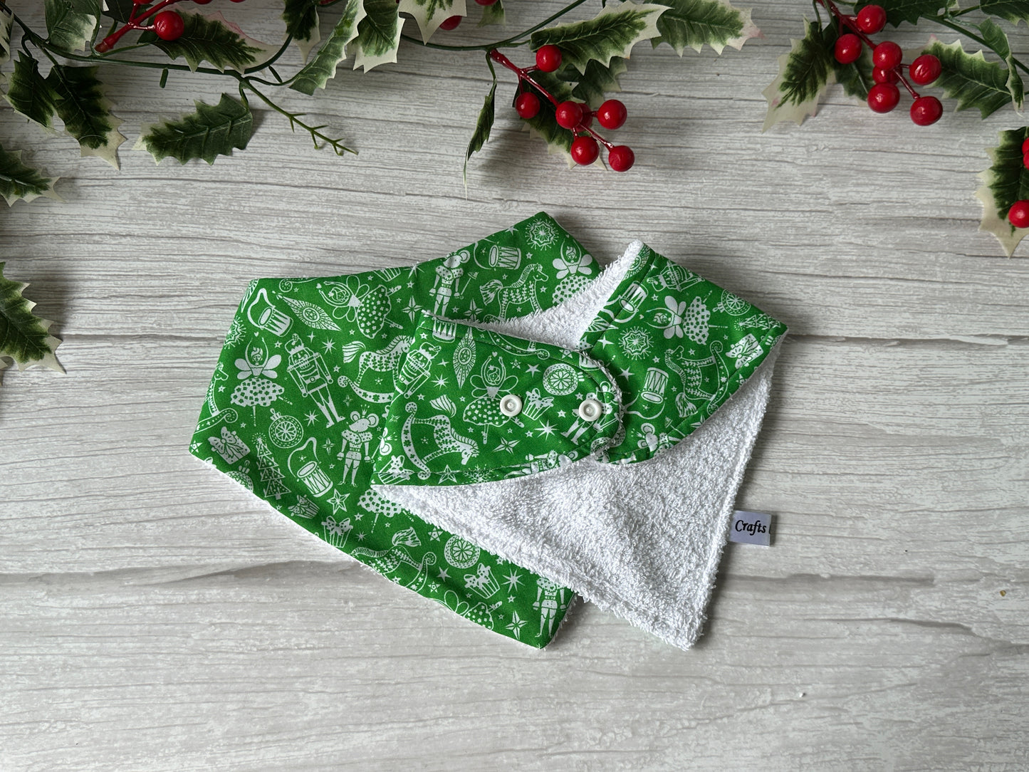 Cotton & Terry Towelling Baby Bandana Bib - Green Christmas