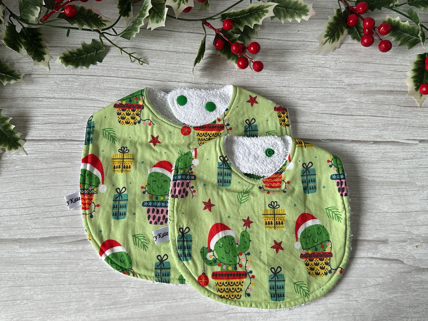 Cotton & Terry Towelling Baby Traditional Bib - Christmas Cactus