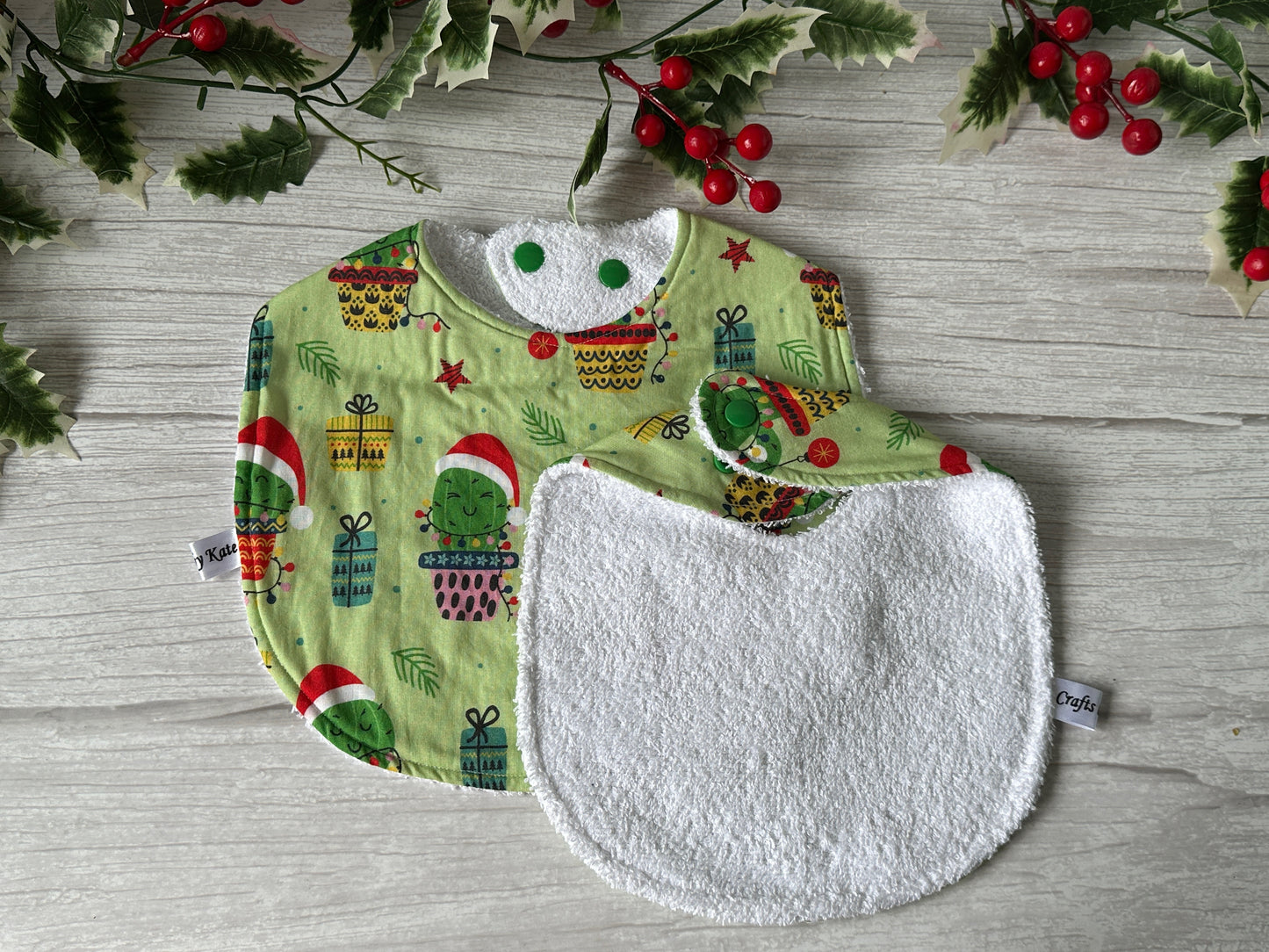 Cotton & Terry Towelling Baby Traditional Bib - Christmas Cactus