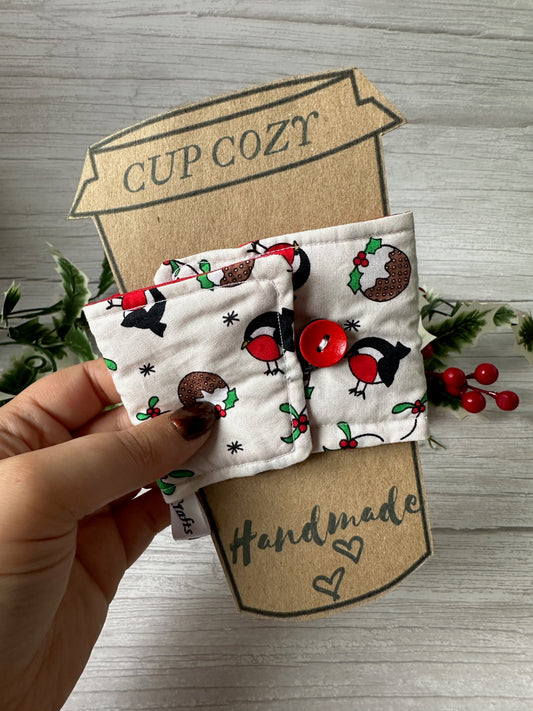 Cotton Reusable Cup Cozy - Christmas Robins