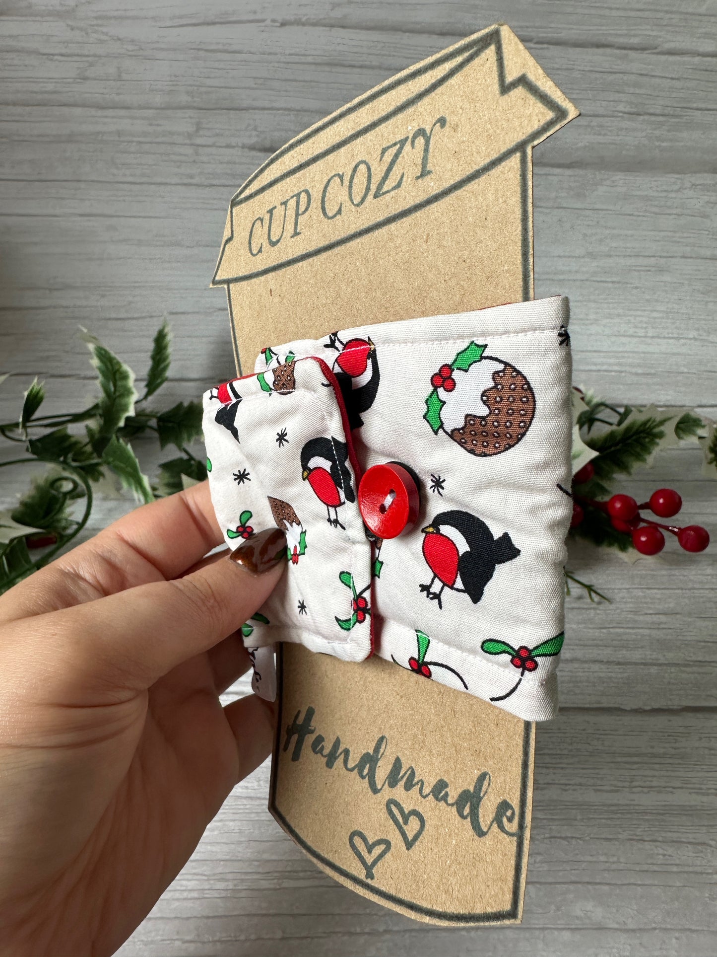 Cotton Reusable Cup Cozy - Christmas Robins