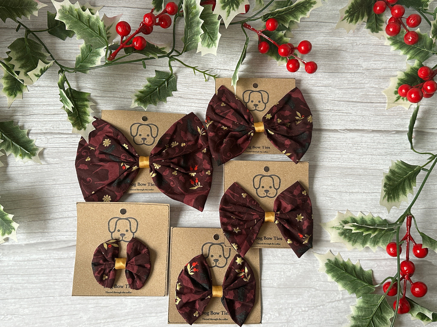 Cotton Pet Bow with collar attachment - Maroon Reindeer