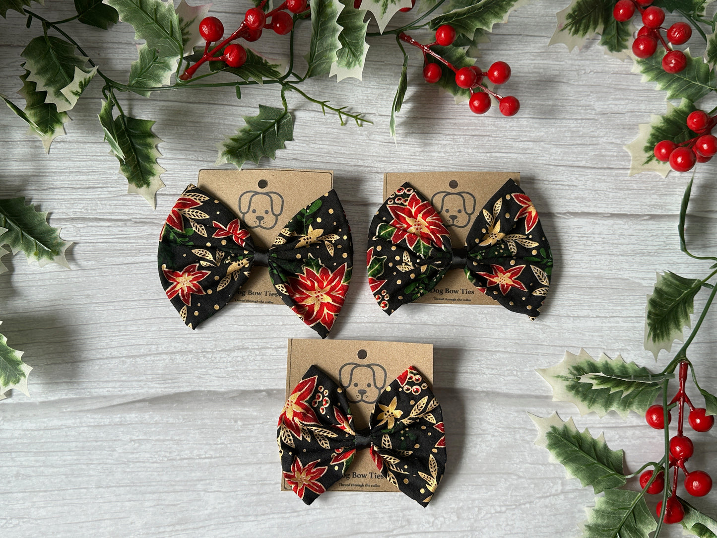 Cotton Pet Bow with collar attachment - Poinsettia