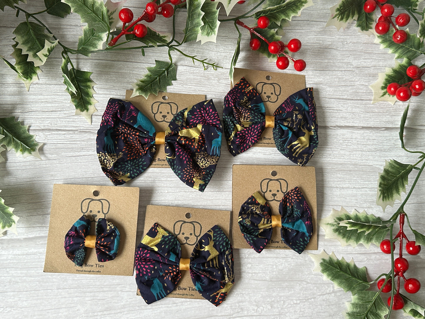 Cotton Pet Bow with collar attachment - Gold & Navy Reindeer