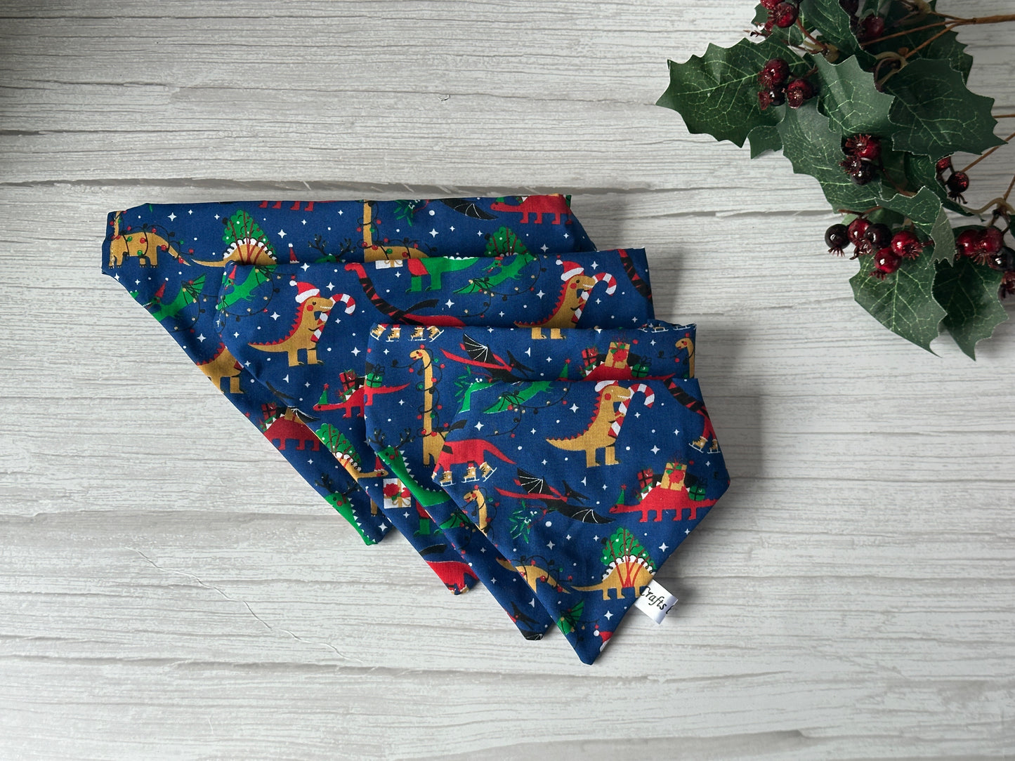 Cotton Pet Scrunchie Bandana - Christmas Dinosaur