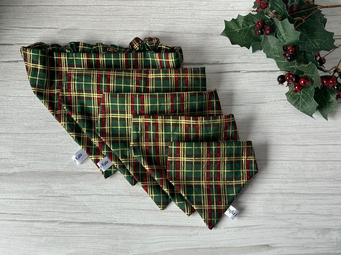 Cotton Pet Scrunchie Bandana - Green & Gold Tartan