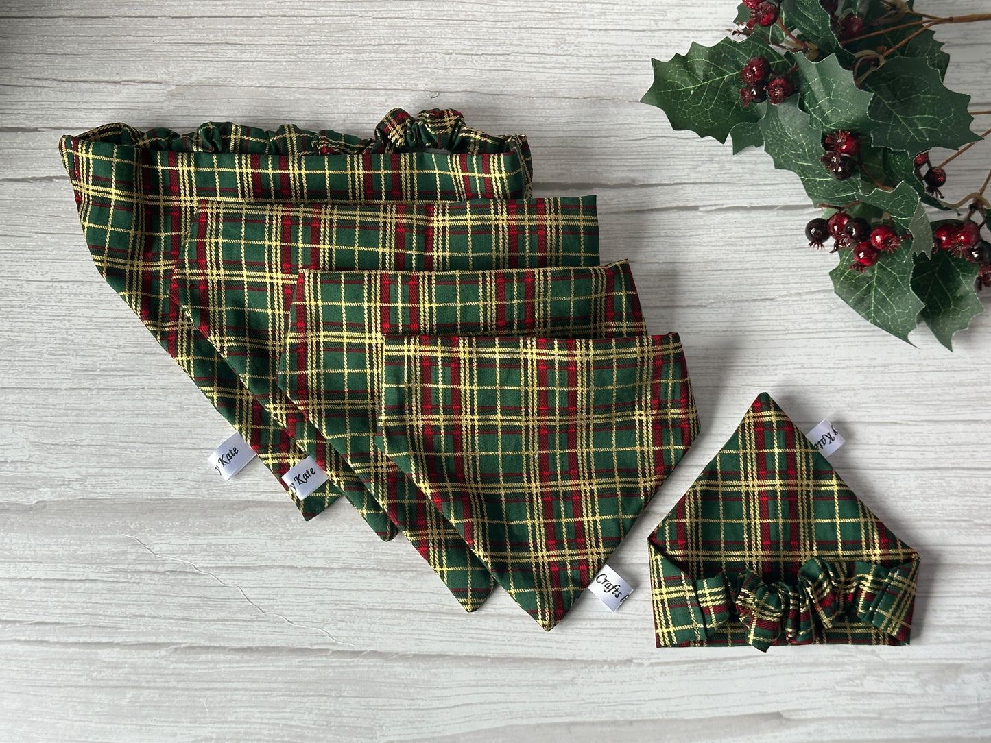 Cotton Pet Scrunchie Bandana - Green & Gold Tartan