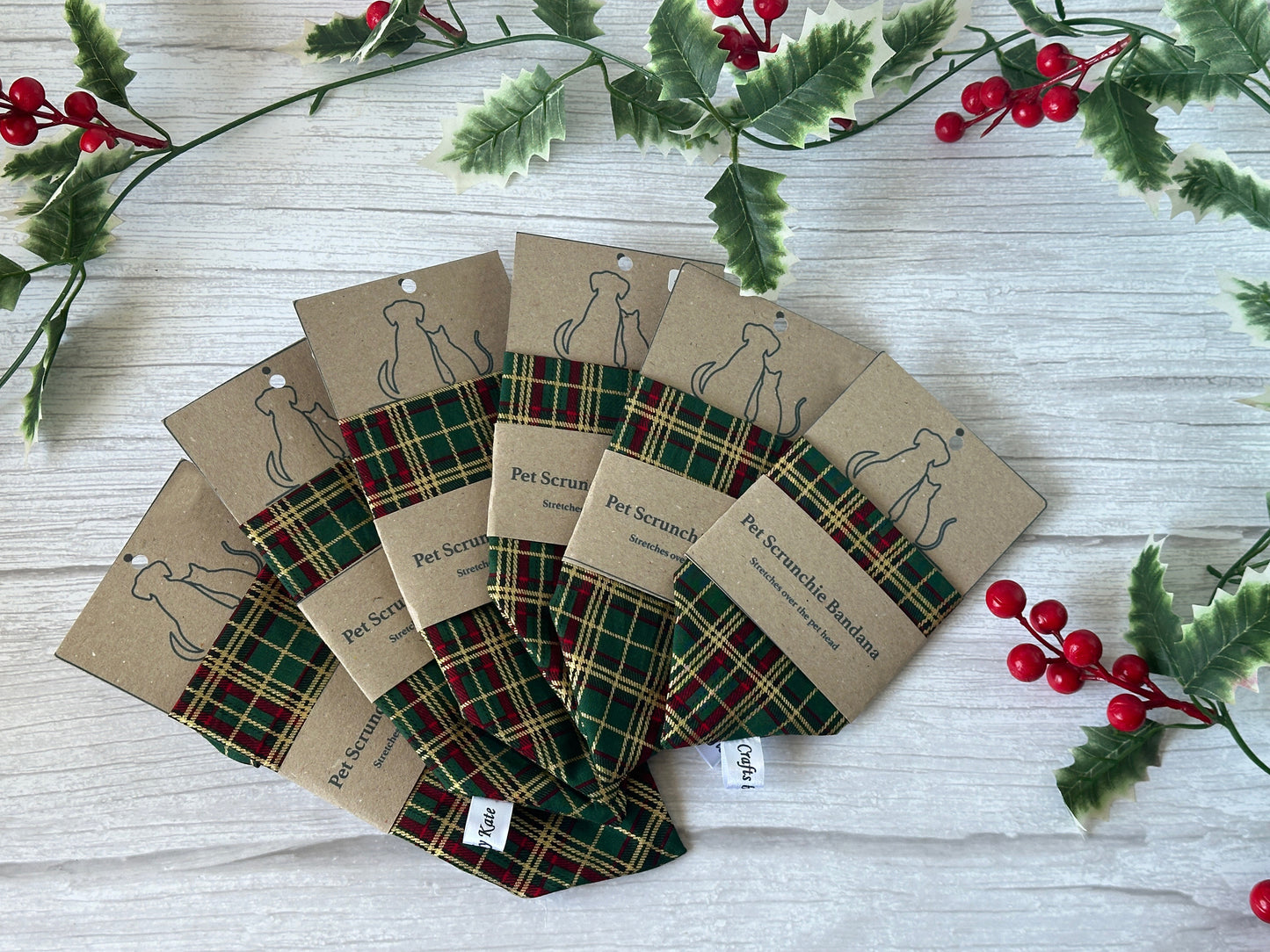 Cotton Pet Scrunchie Bandana - Green & Gold Tartan