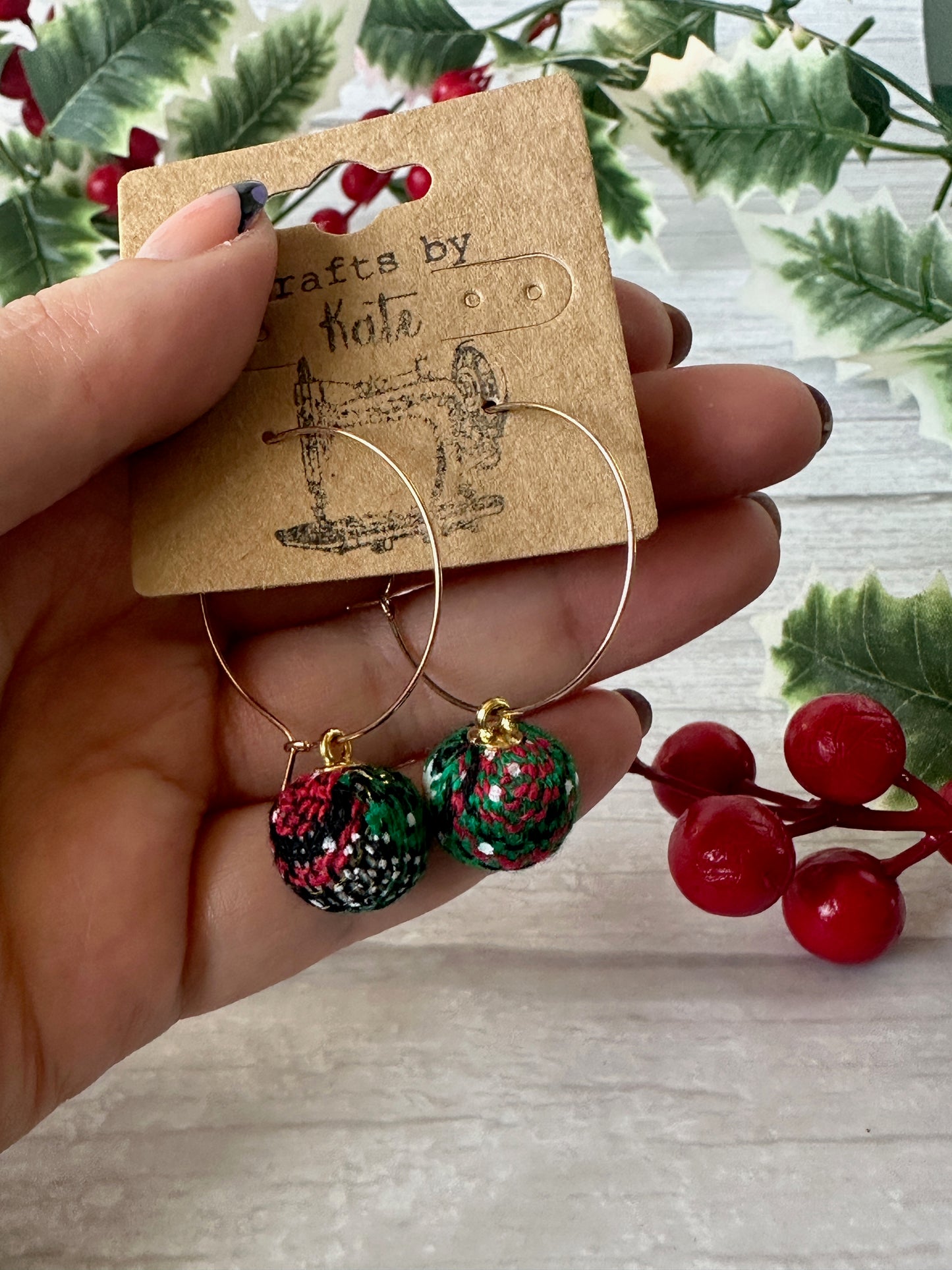 Handcrafted Christmas Fabric Baubles Gold Plated Hoop Earrings