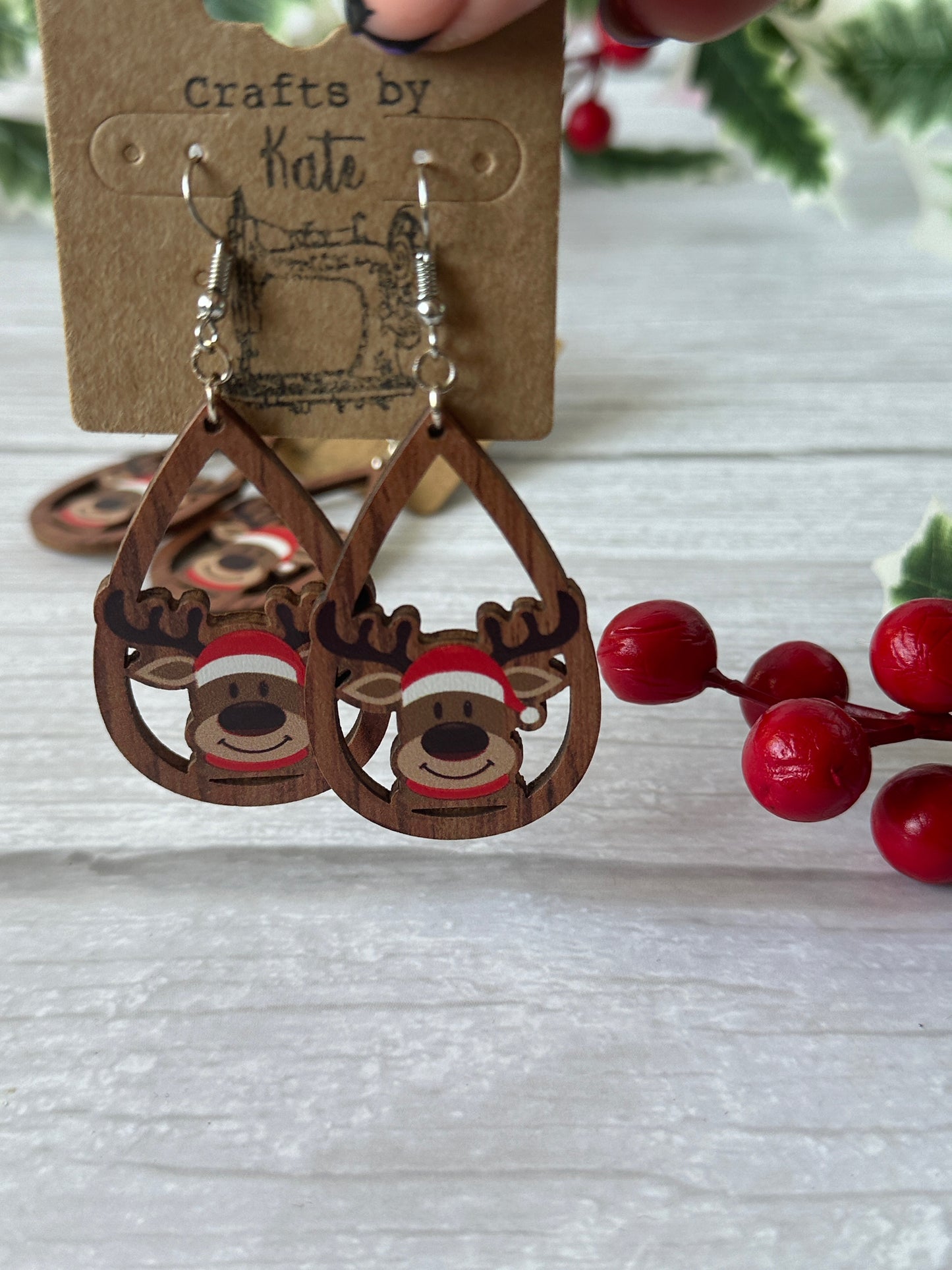 Handcrafted Christmas Wood Style Reindeer Dangle Earrings