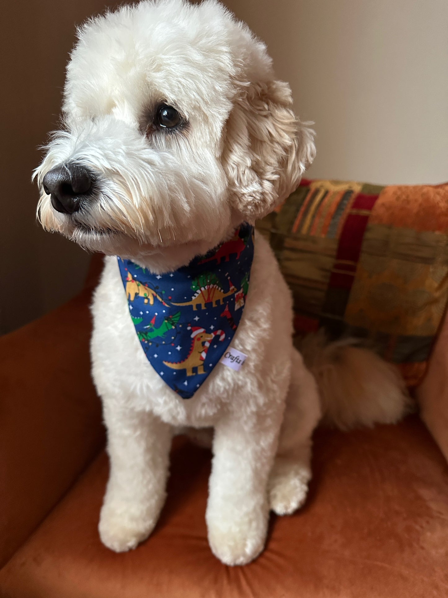 Cotton Pet Scrunchie Bandana - Christmas Dinosaur