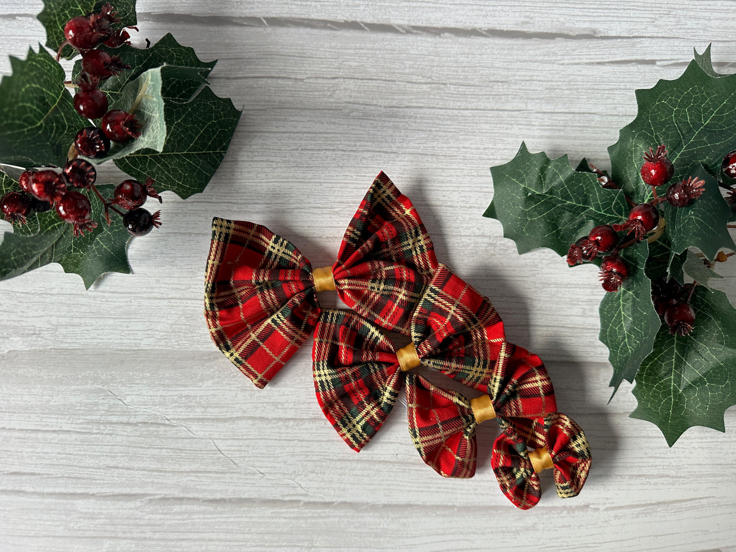 Cotton Pet Bow with collar attachment - Red & Gold Tartan