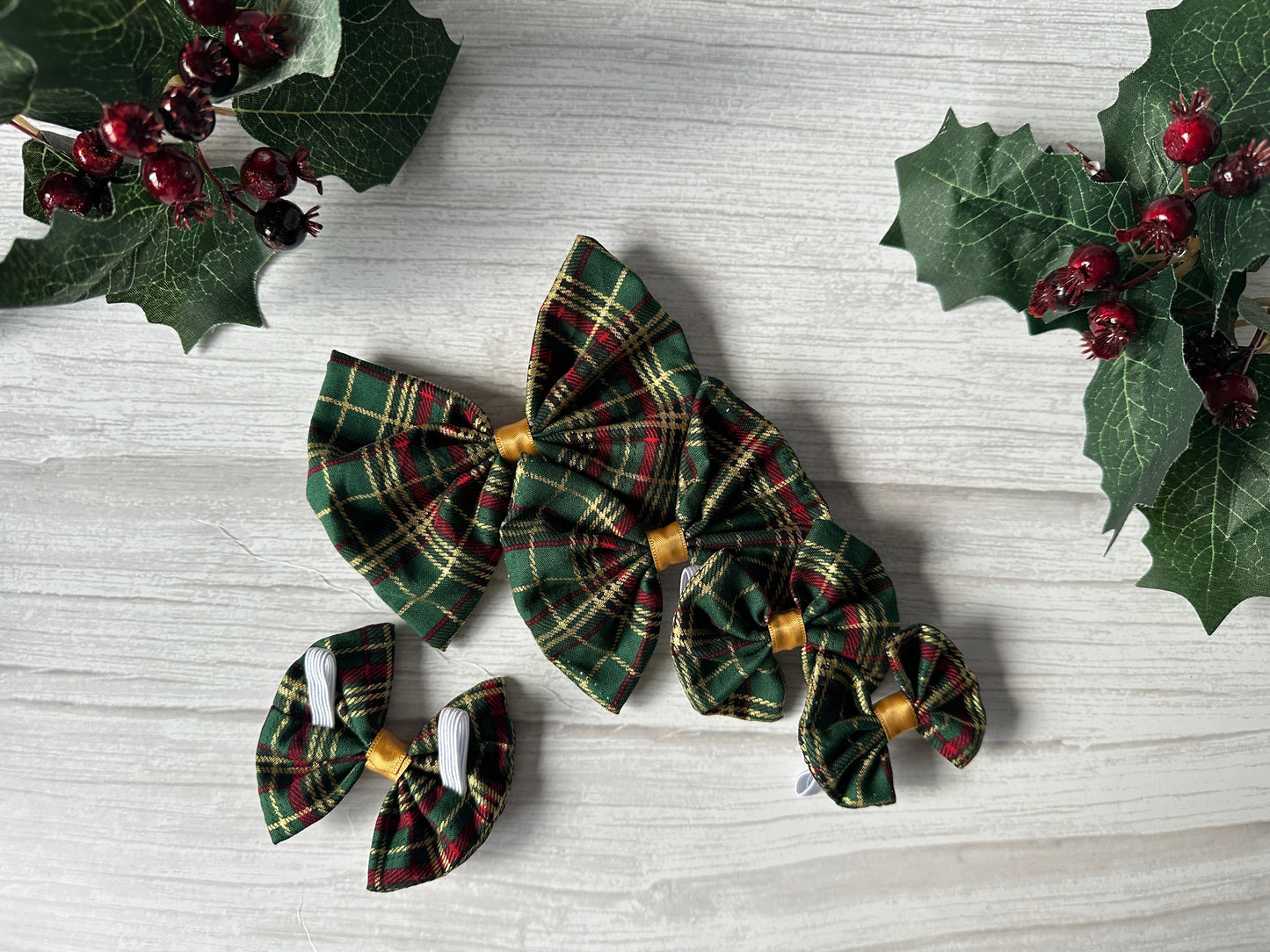 Cotton Pet Bow with collar attachment - Green & Gold Tartan