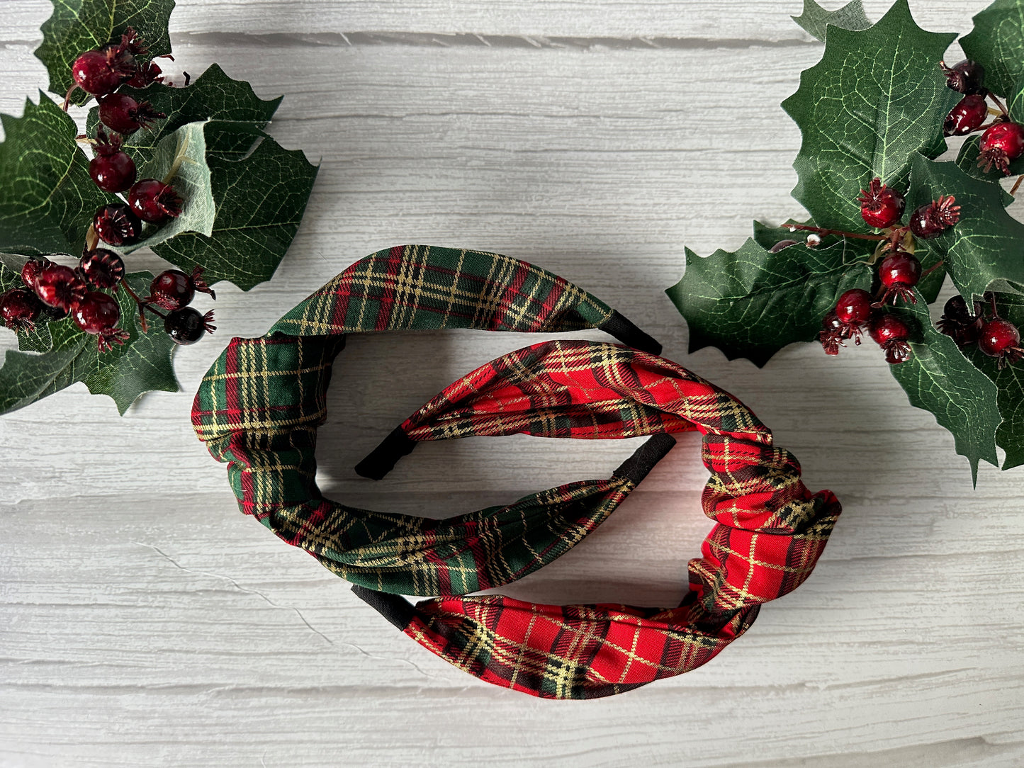 Cotton Knotted Headbands - Red & Green Tartan