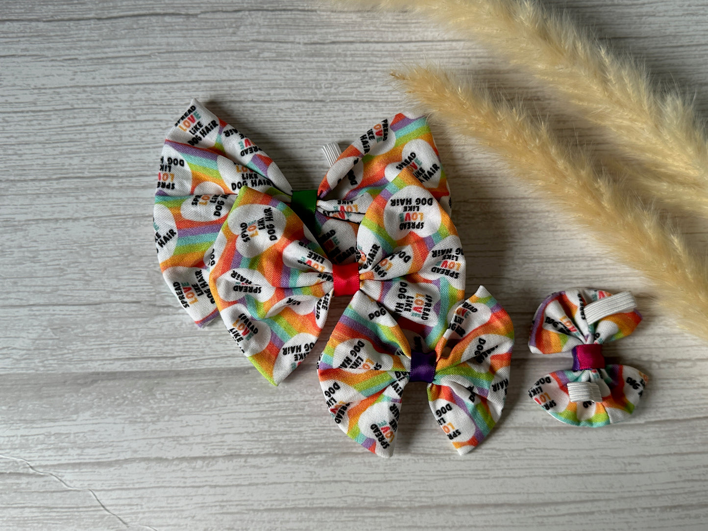 Cotton Pet Bow with collar attachment - Spread Love like Dog Hairs, Rainbow Hearts
