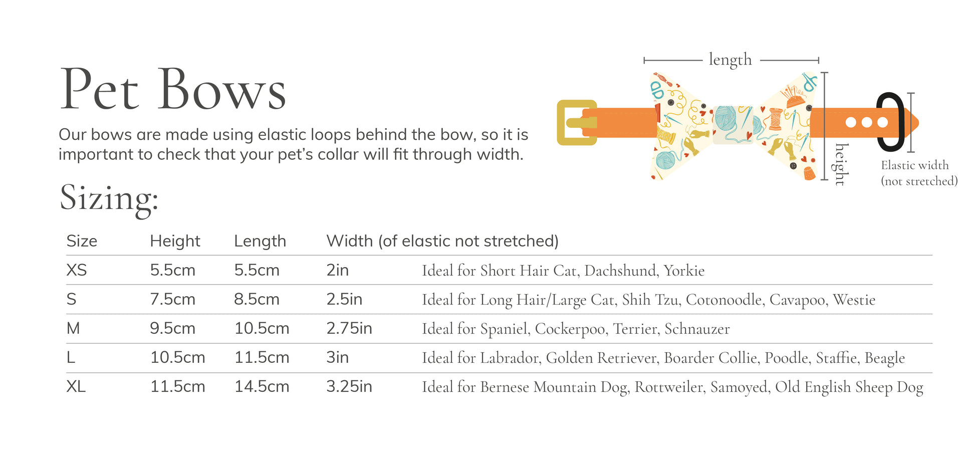 An infographic presents a vibrant bowtie illustration highlighting the sizing for "Cotton Pet Bow with collar attachment - Woodland Animals" by Crafts by Kate. Sizes vary from XS to XL and include specifics on height, length, and width. Recommended breeds are indicated for each size, along with the unstretched width of the elastic fastening for added convenience.