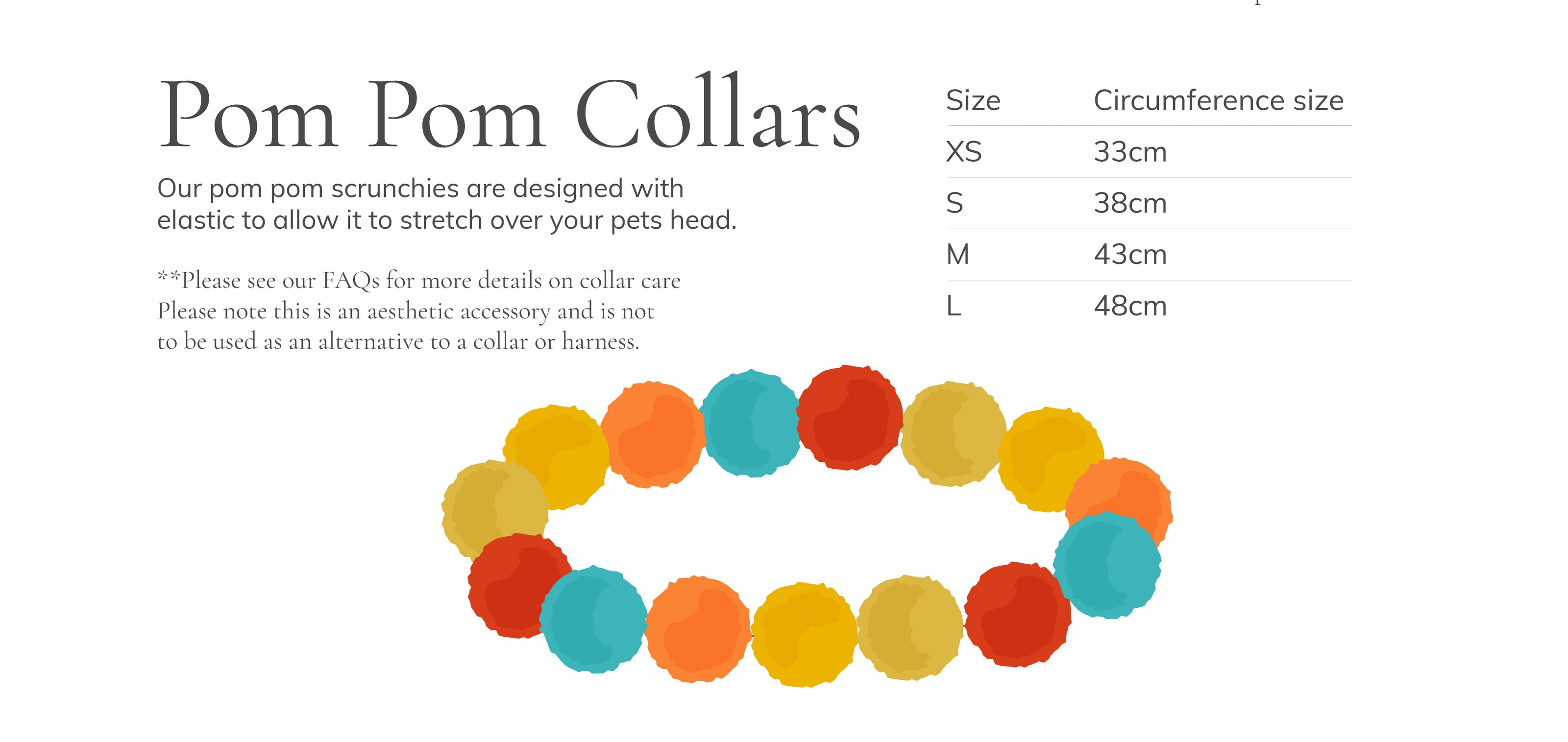 Image highlighting Crafts by Kate's vibrant "PomPom Pet Collar - Chocolate Lover," adorned with playful, colorful balls in orange, blue, yellow, and red. The elastic collar is available in XS (33cm), S (38cm), M (43cm), and L (48cm) for a perfect fit.