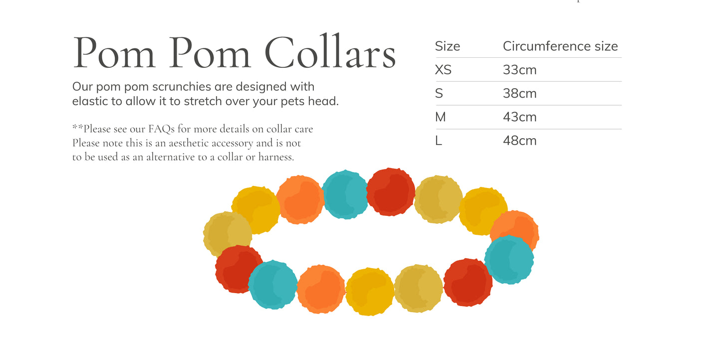Image highlighting Crafts by Kate's vibrant "PomPom Pet Collar - Chocolate Lover," adorned with playful, colorful balls in orange, blue, yellow, and red. The elastic collar is available in XS (33cm), S (38cm), M (43cm), and L (48cm) for a perfect fit.
