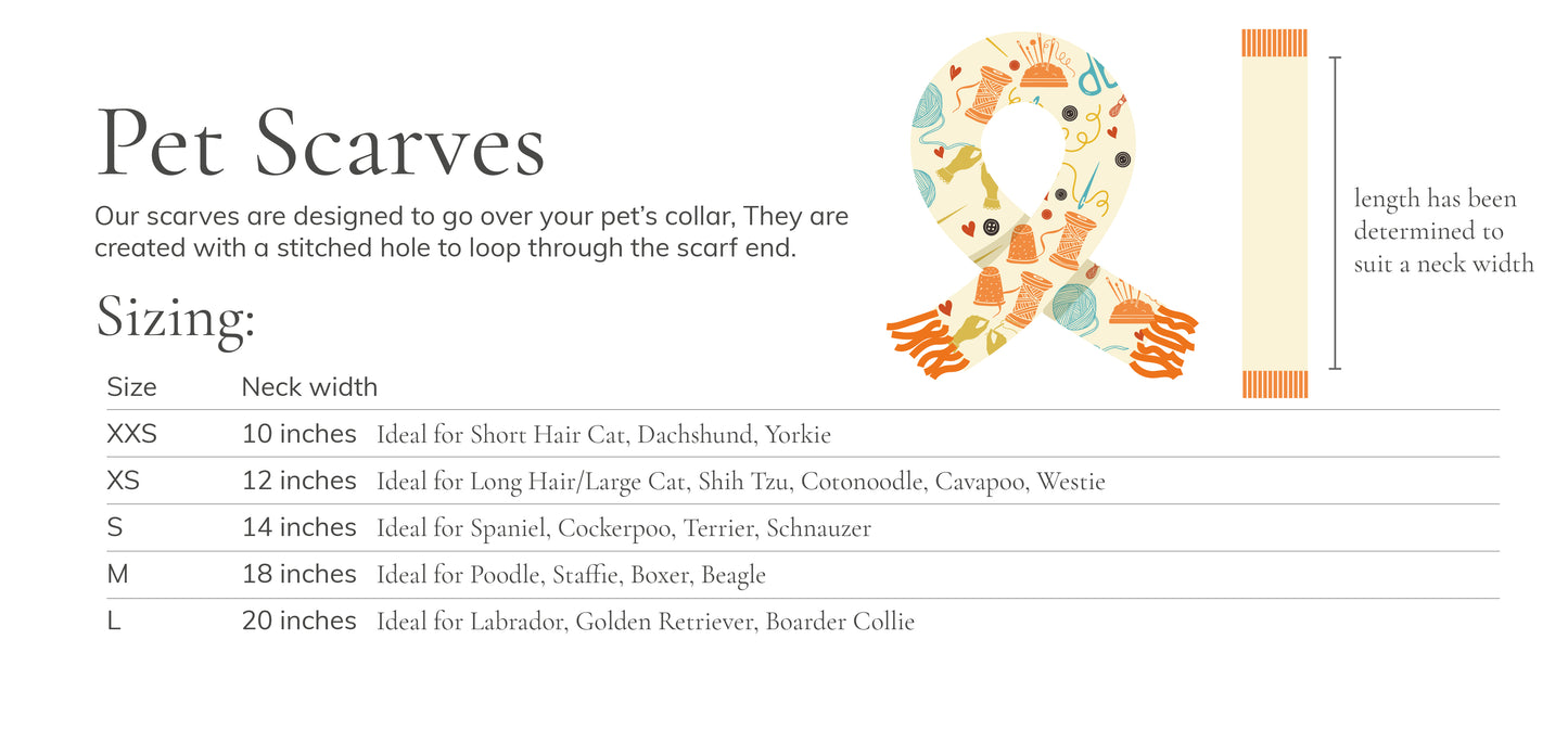 An infographic titled "Pet Scarves" from Crafts by Kate presents the Polar Cotton Fleece Pet Scarf - Red Hearts. It illustrates four sizes (XS, S, M, L) with neck widths and breed examples plus a handcrafted scarf design with a loop feature in Red Hearts fabric on the right.