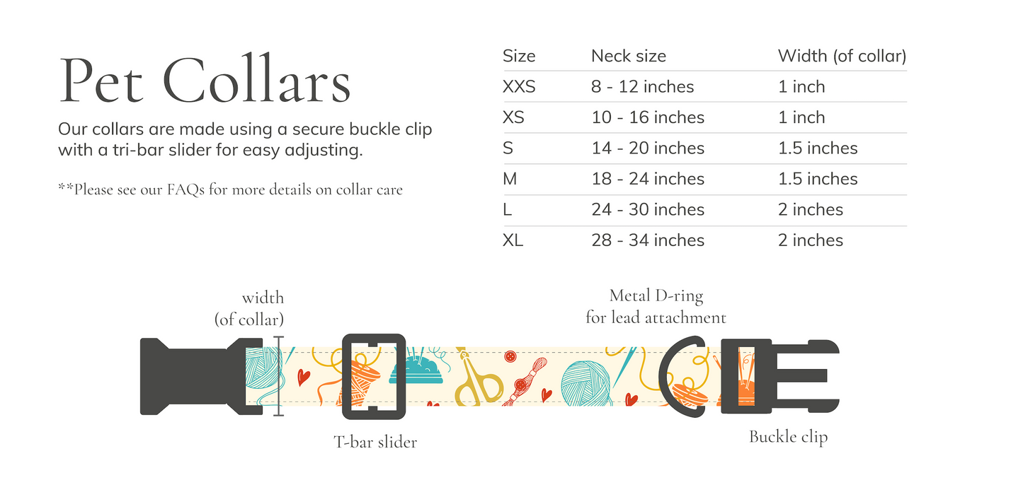A comprehensive guide for the Cotton Pet Adjustable Collar - Pumpkin Lover by Crafts by Kate, featuring an illustration of the handcrafted collar with a secure buckle clip, metal D-ring, tri-bar slider, and size dimensions ranging from XXS to XL. The collar showcases a vibrant pattern adorned with hearts, paw prints, and bones.