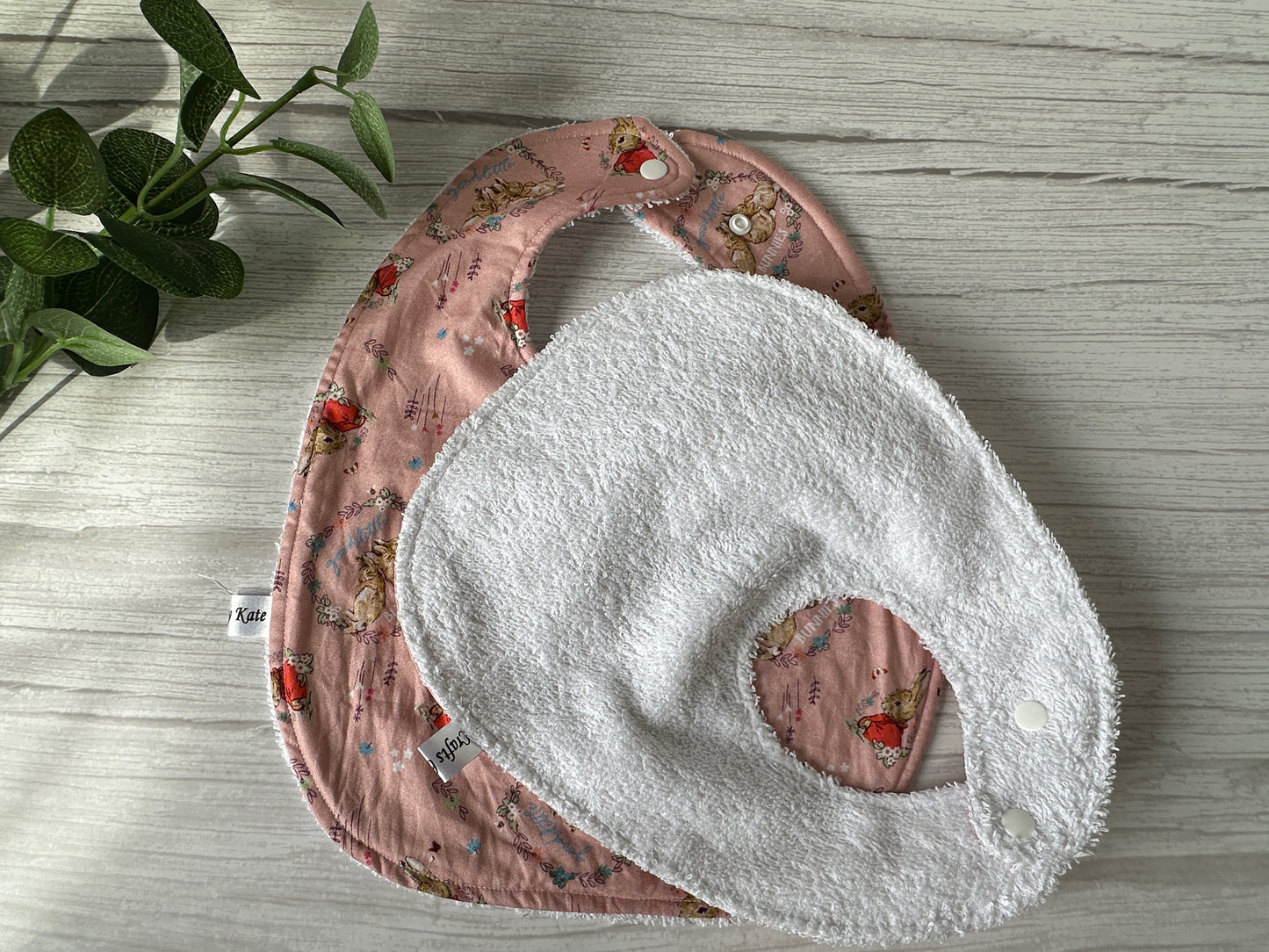 Cotton & Terry Towelling Baby Traditional Bib - Pink Spring Peter Rabbit