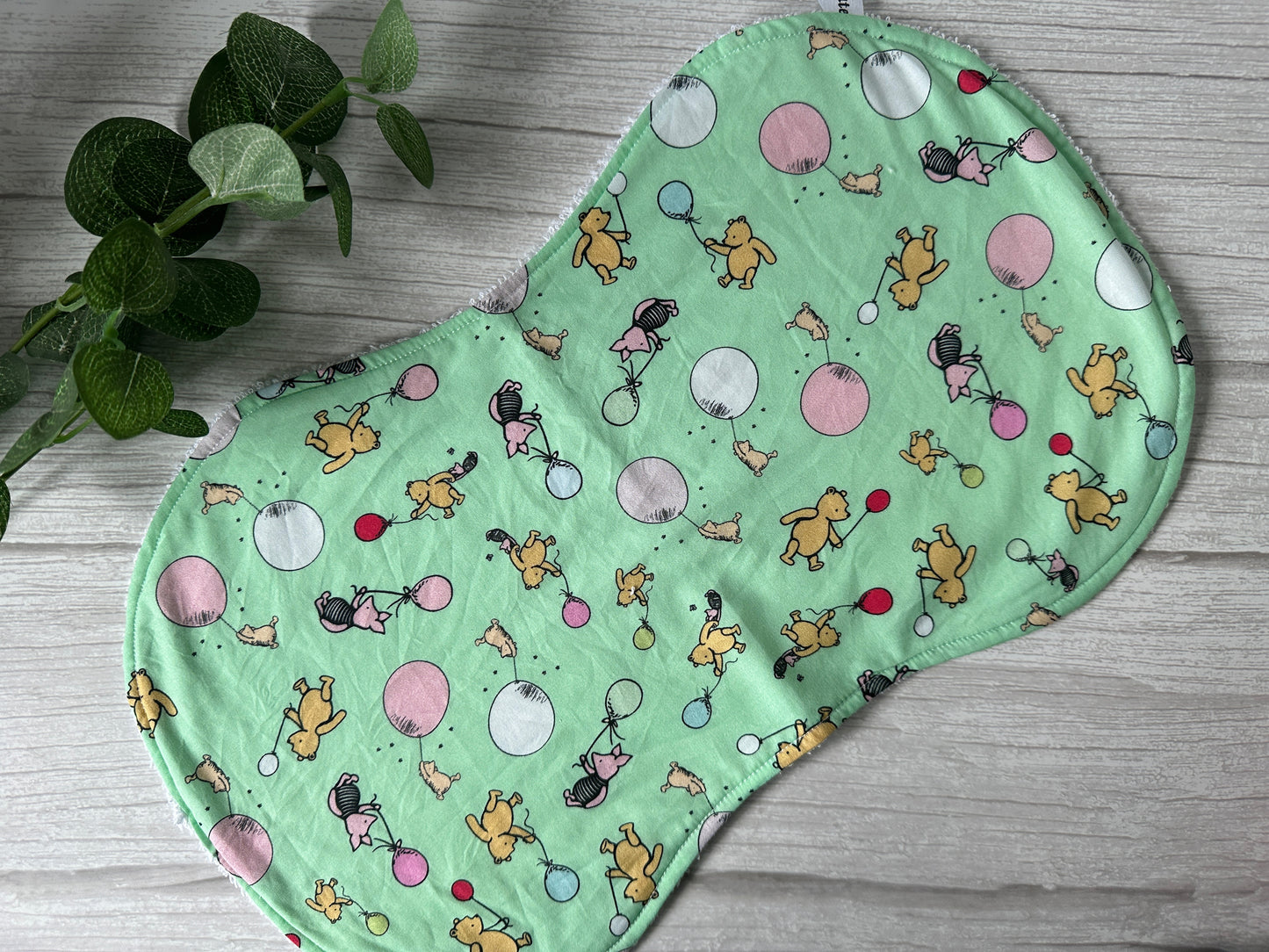 Cotton & Terry Towelling Baby Burping Cloth - Green Winnie The Pooh & Friends