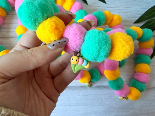 PomPom Pet Collar - Rainbow Caterpillar ￼