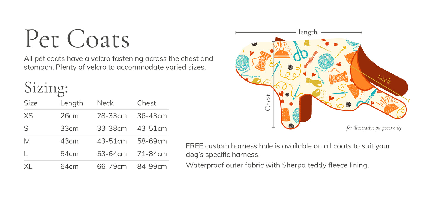 Illustration of the Rainbow Dinosaur Pet Raincoat by Crafts by Kate, featuring a vibrant dinosaur pattern, size chart (XS-XL), velcro fastening, custom harness hole, and waterproof Sherpa fleece lining for comfort and protection.