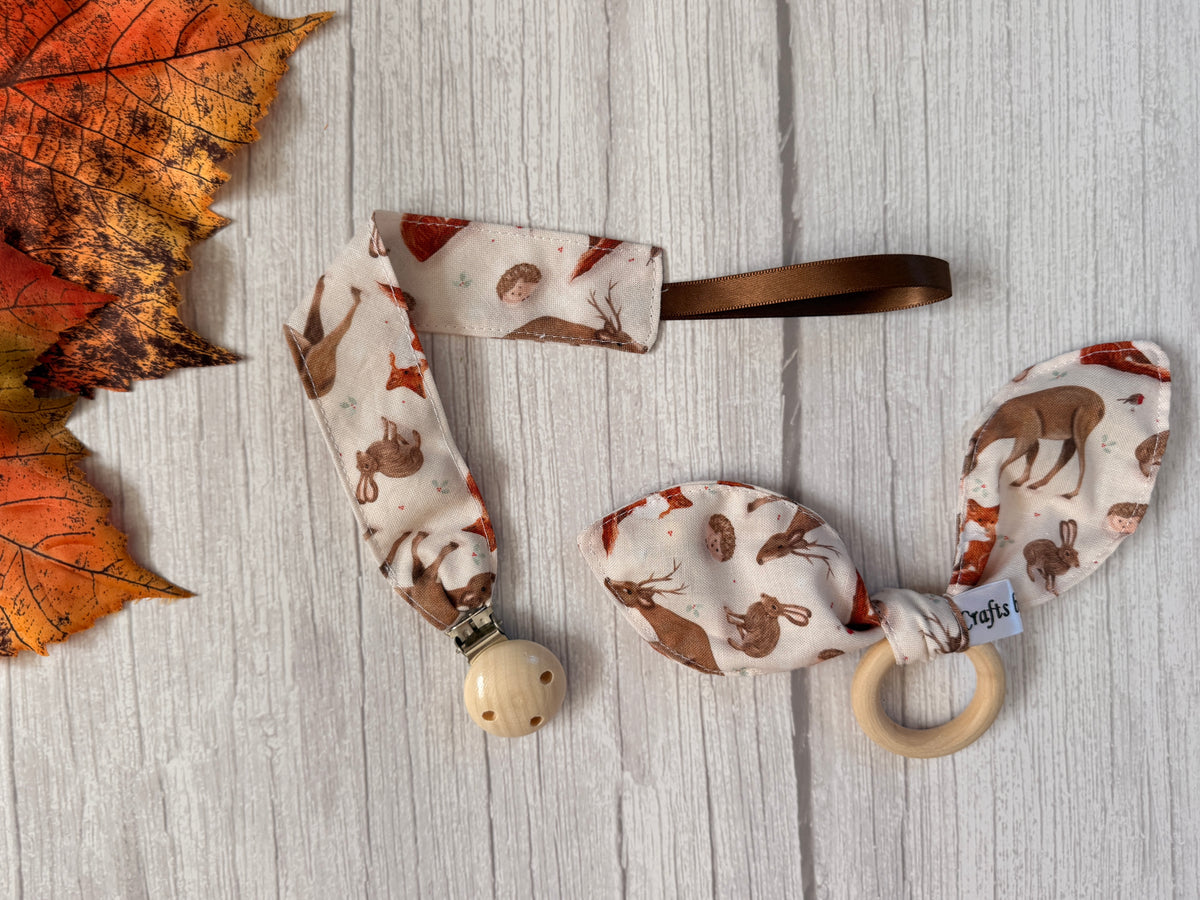 Cotton & Terry Towelling Dummy Clip & Teething Rattle - Woodland Adventure
