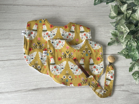 Cotton & Terry Towelling Baby Sets - Mustard Hens