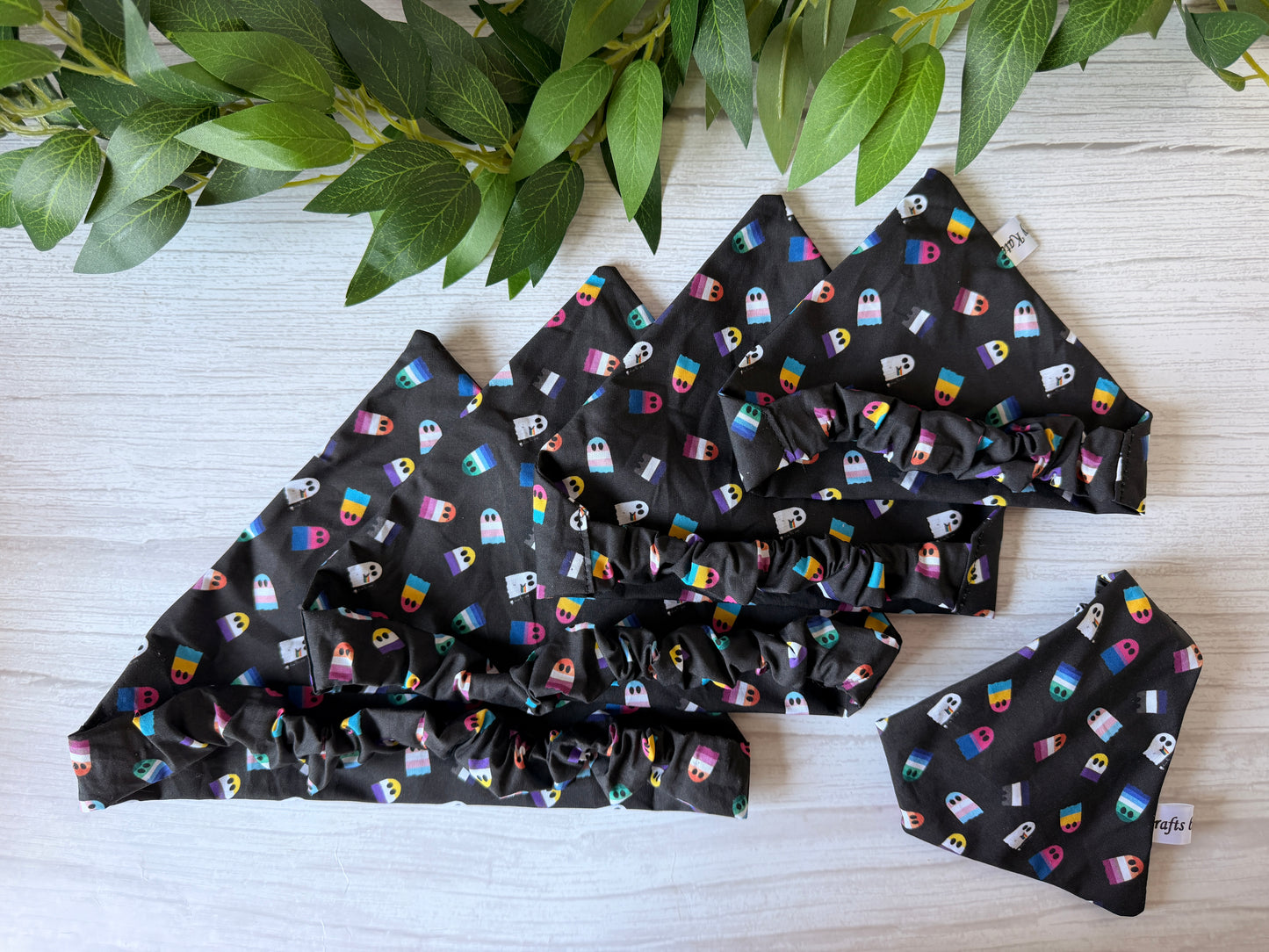 Cotton Pet Scrunchie Bandana - Rainbow Pride Flag Ghosts