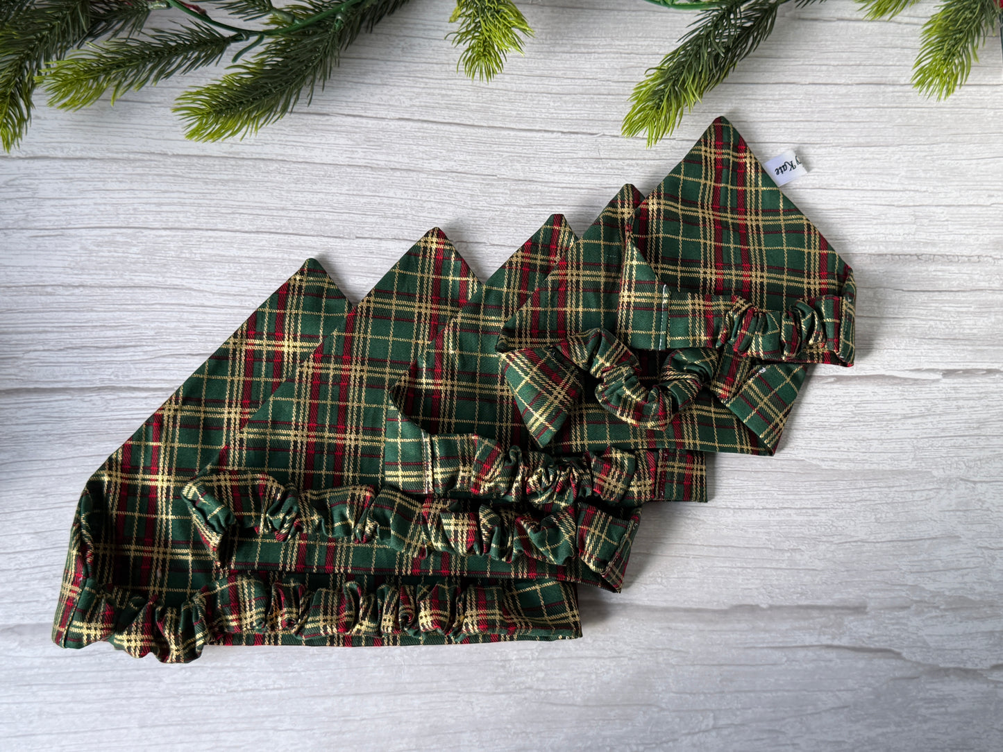 Cotton Pet Scrunchie Bandana - Gold/Green tartan