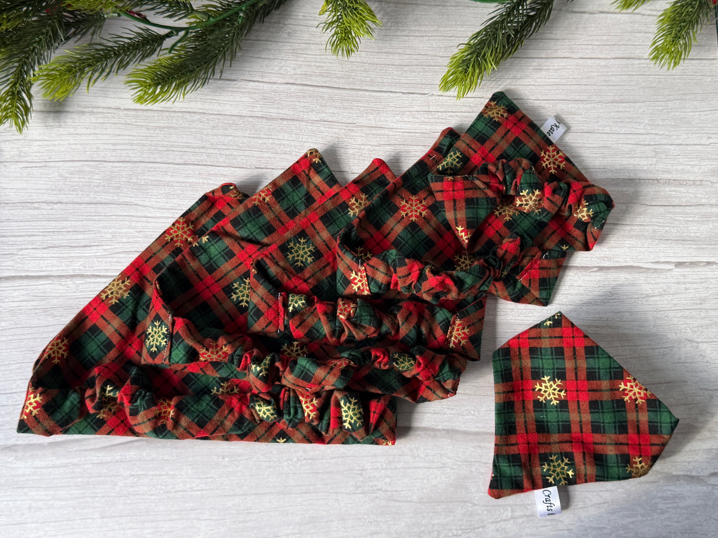 Cotton Pet Scrunchie Bandana - Green/Red tartan