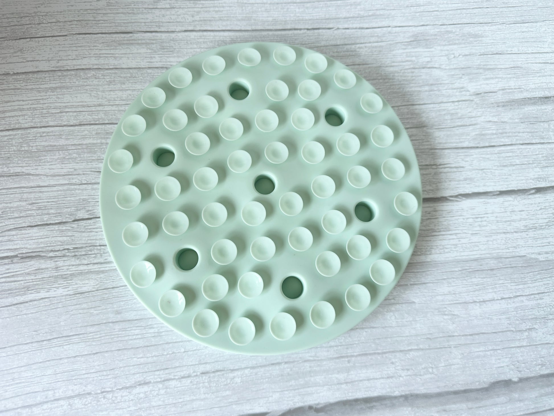 The Slow Feeder Pet Mat by Crafts by Kate, a light green washable mat with small suction cups, sits on a light wood-textured background, providing an elegant solution for improved pet digestion.