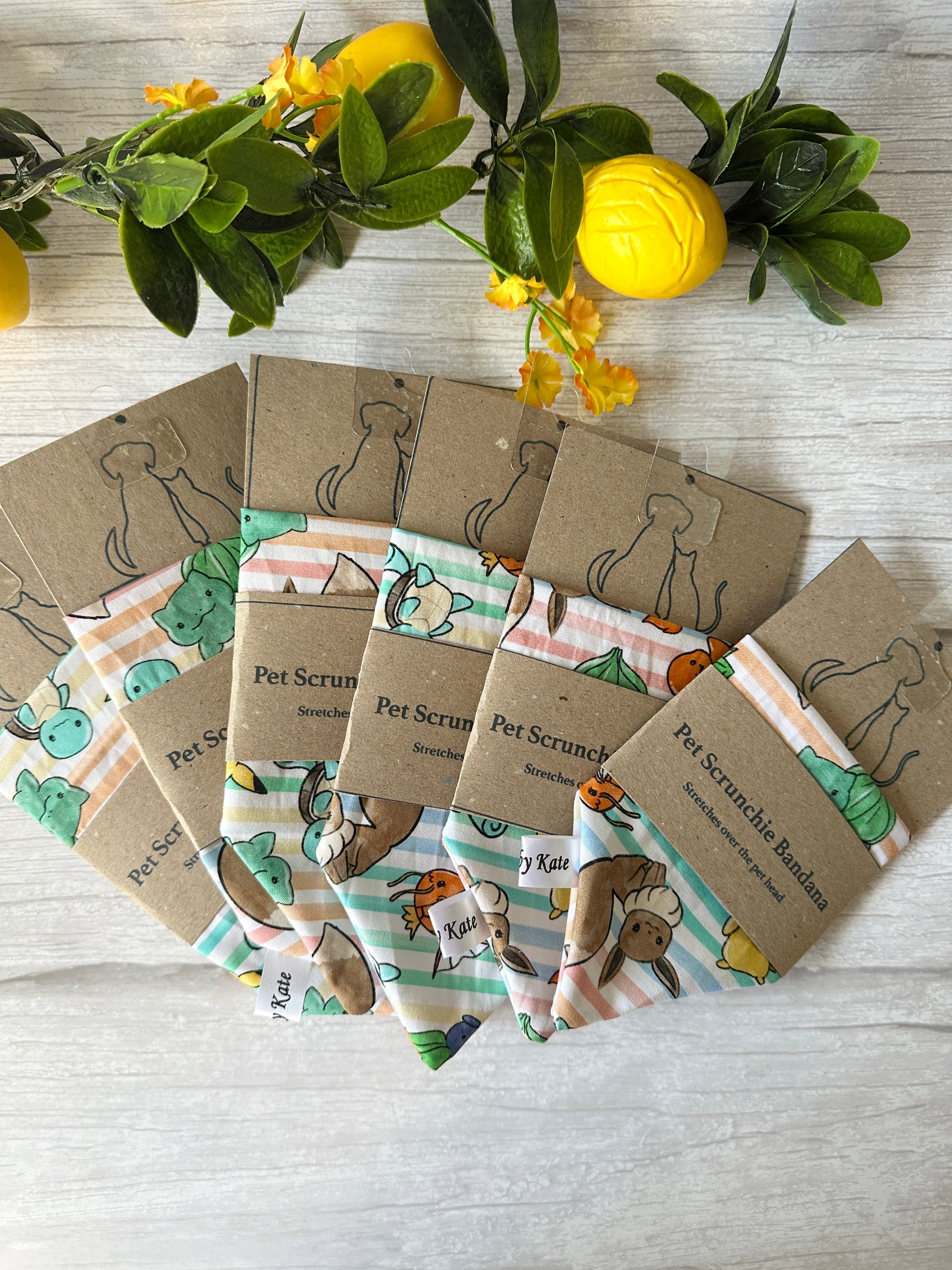 Five colorful Cotton Pet Scrunchie Bandanas - Pokemon by Crafts by Kate are displayed in cardboard packaging. Arranged fan-like on light wood, they feature playful cartoon designs with leafy branches and lemon accents above.