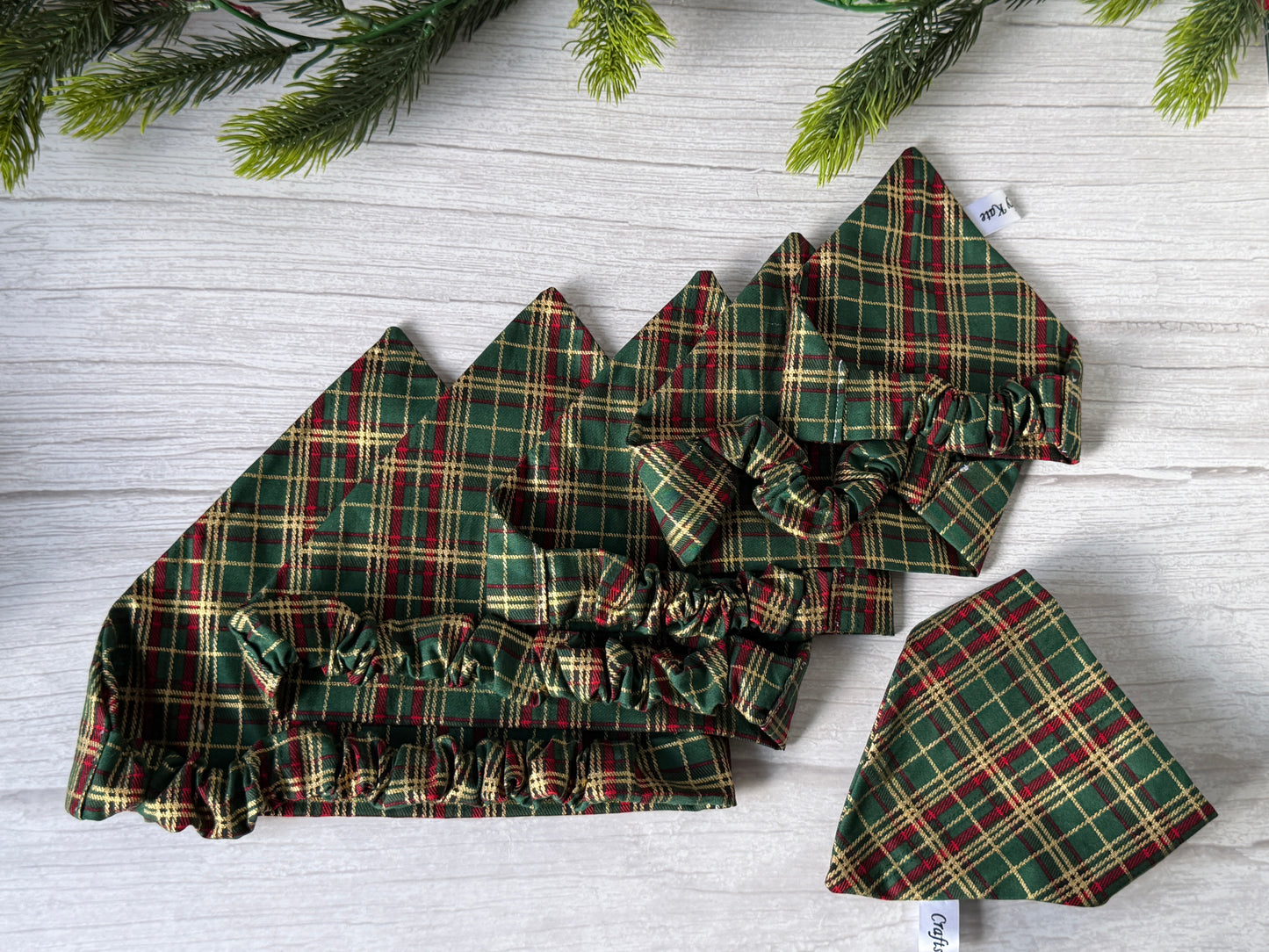 Cotton Pet Scrunchie Bandana - Gold/Green tartan