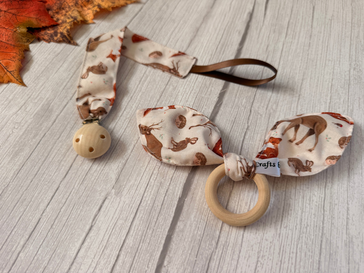 Cotton & Terry Towelling Dummy Clip & Teething Rattle - Woodland Adventure