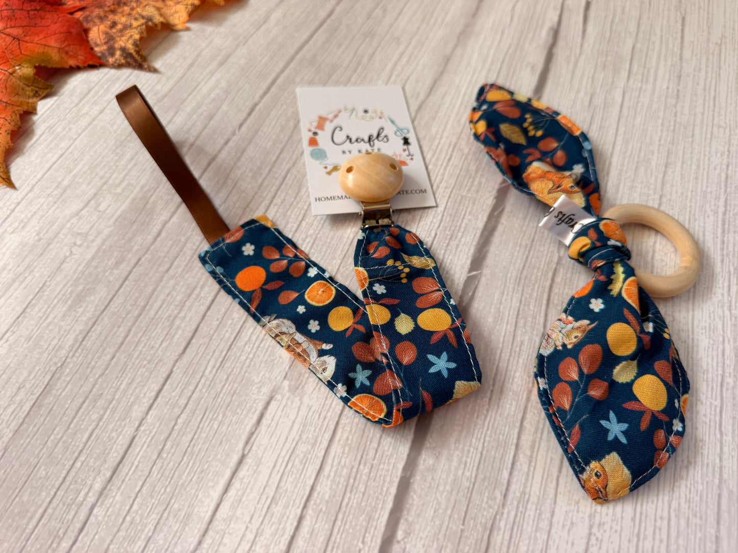 Cotton & Terry Towelling Dummy Clip & Teething Rattle - Autumn Peter Rabbit & friends